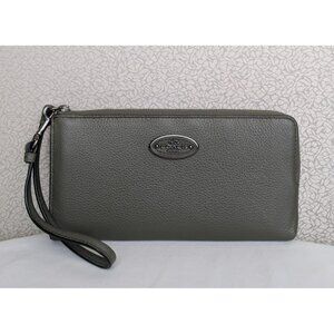 Coach L Zip Wallet Wristlet In Refined Grain Leather Olive Green Gunmetal 53413